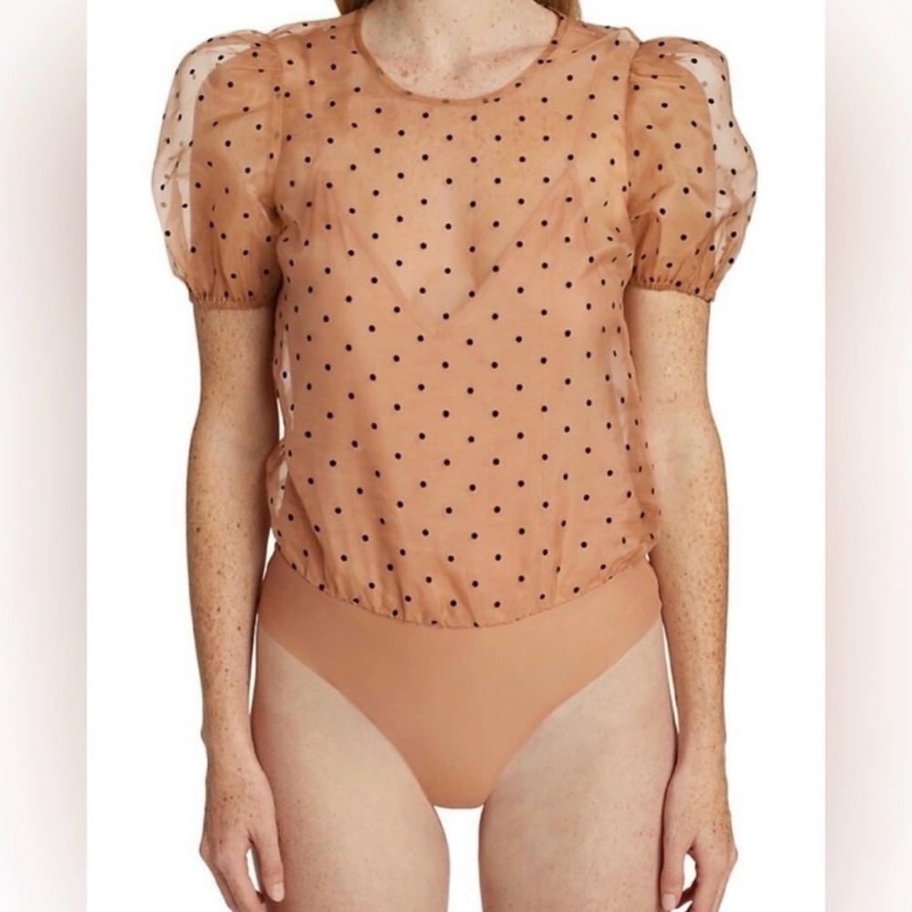 CAMI NYC Tan Bodysuit with Black Polka Dots, Sz S